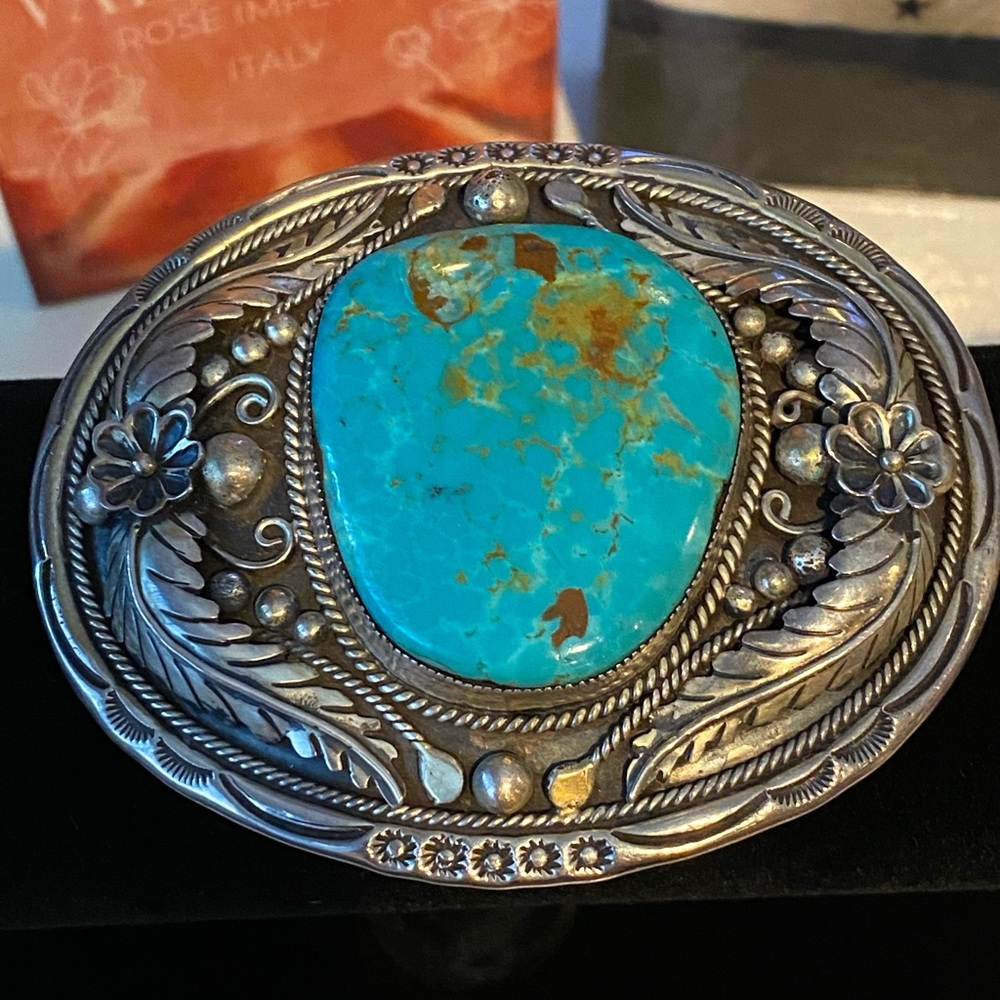 Vintage Sterling Silver Native American Handmade Turquoise Belt Buckle stamp TH
